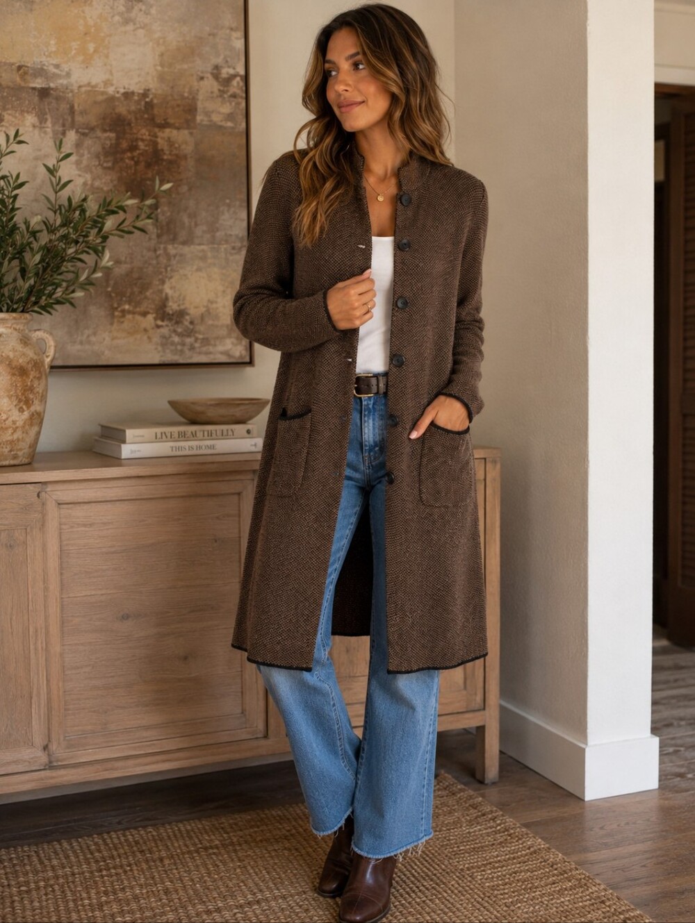 J JILL Cardigan Sweater Coat Womens Petite Small Brown Long Knit Herringbone